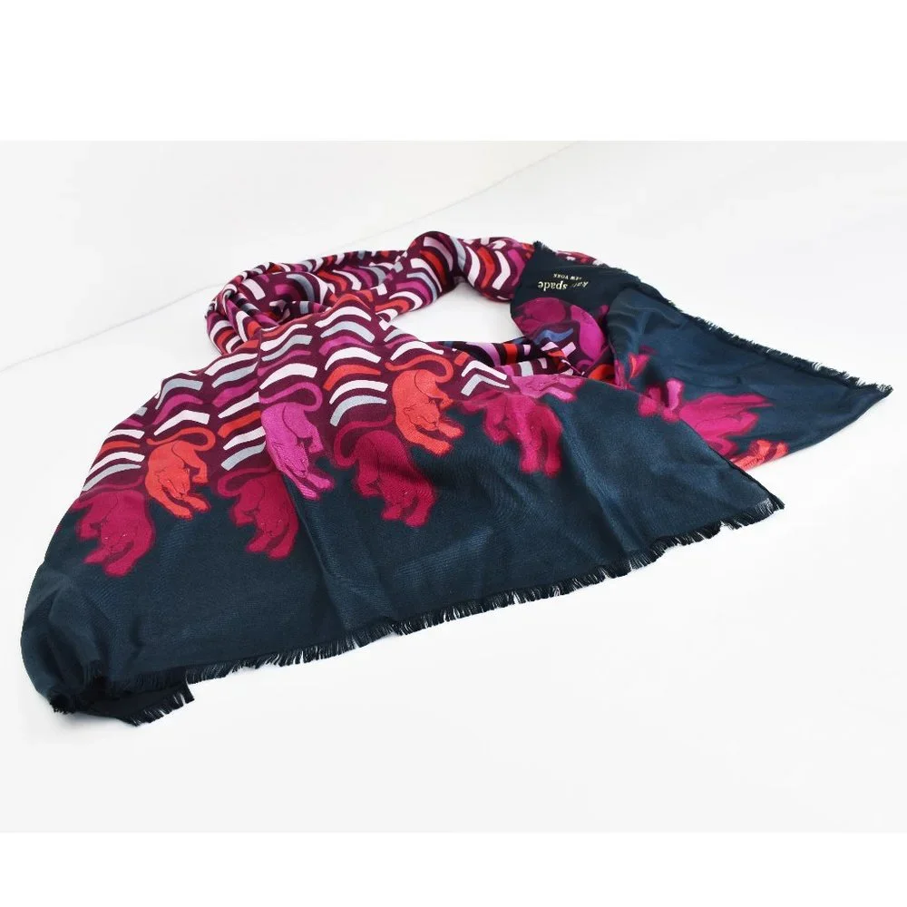 Large long colorful Kate Spade silk scarf, fuchsia panther classy silk scarf